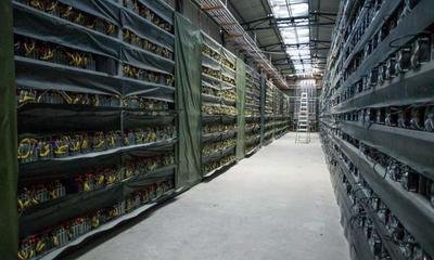 A bustling mining farm with various machines operating