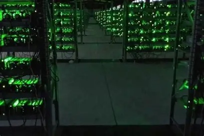 Vast cryptocurrency mining farm bustling with active ASIC miners